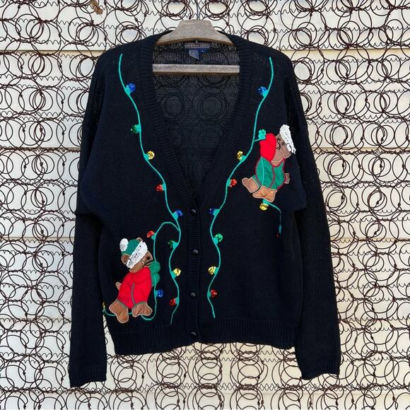 Vintage cardigan sweater w teddy bear puppies stringing Christmas lights sequin - Picture 1 of 4
